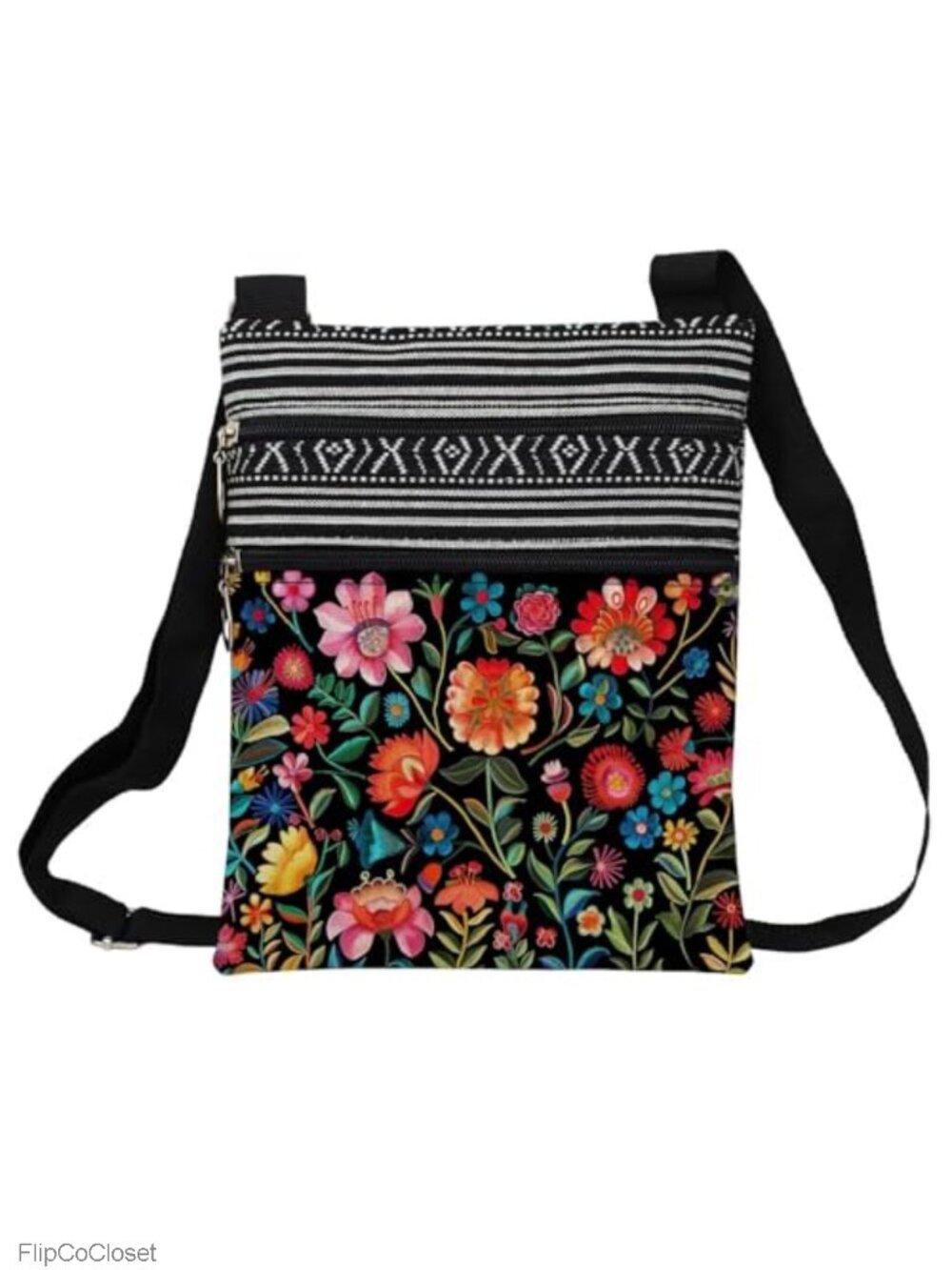 Small Ethnic Crossbody Bag Flower Print Polyester Adjustable Strap Zipper Pouch